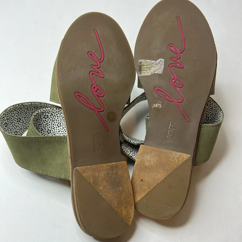 ED Ellen Degeneres Sanja Sandals Ankle Wrap Leather Suede Olive Comfort 7.5 37.5